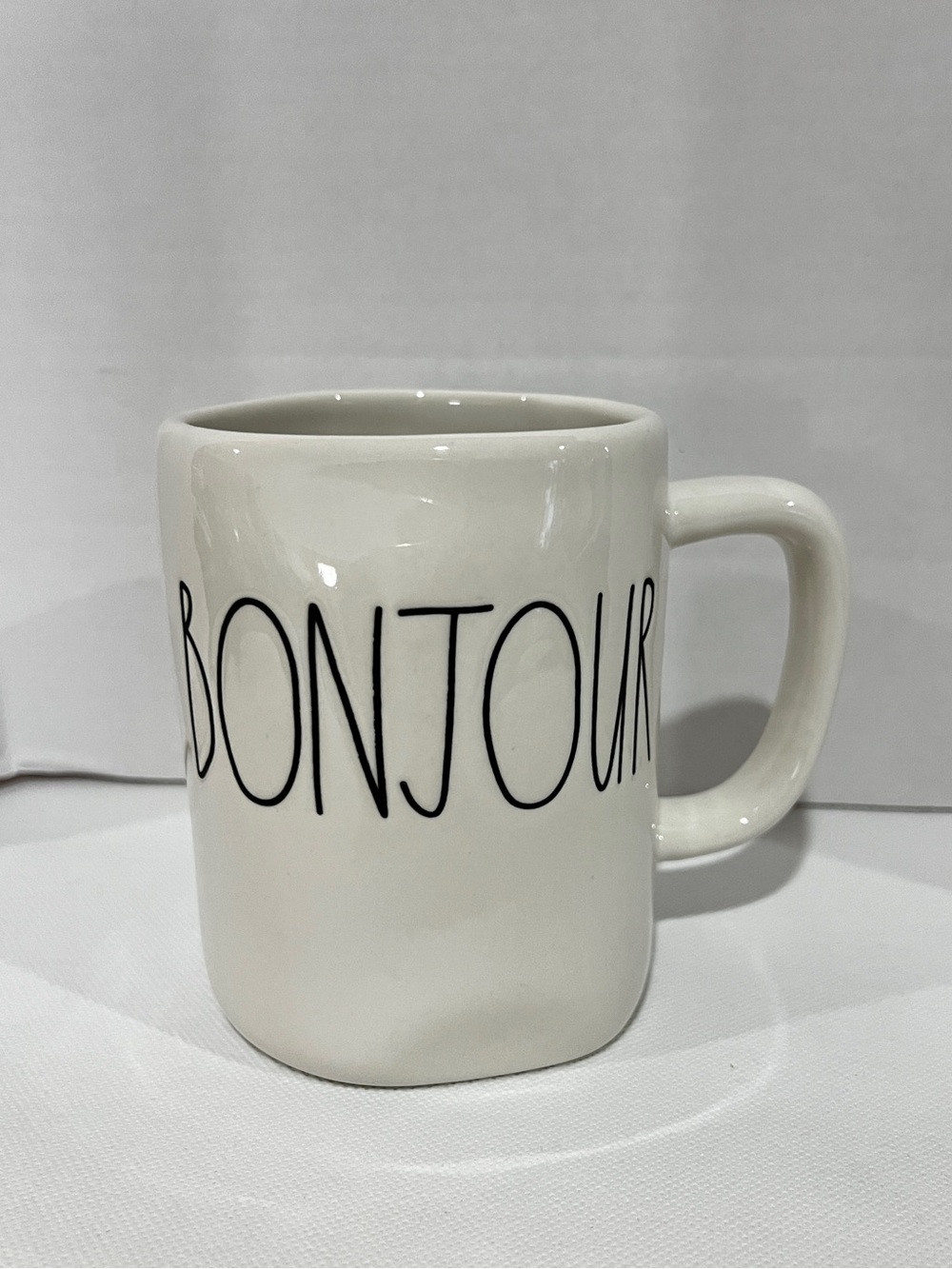 Rae Dunn "Bonjour" Ceramic Coffee Mug Cream/Black